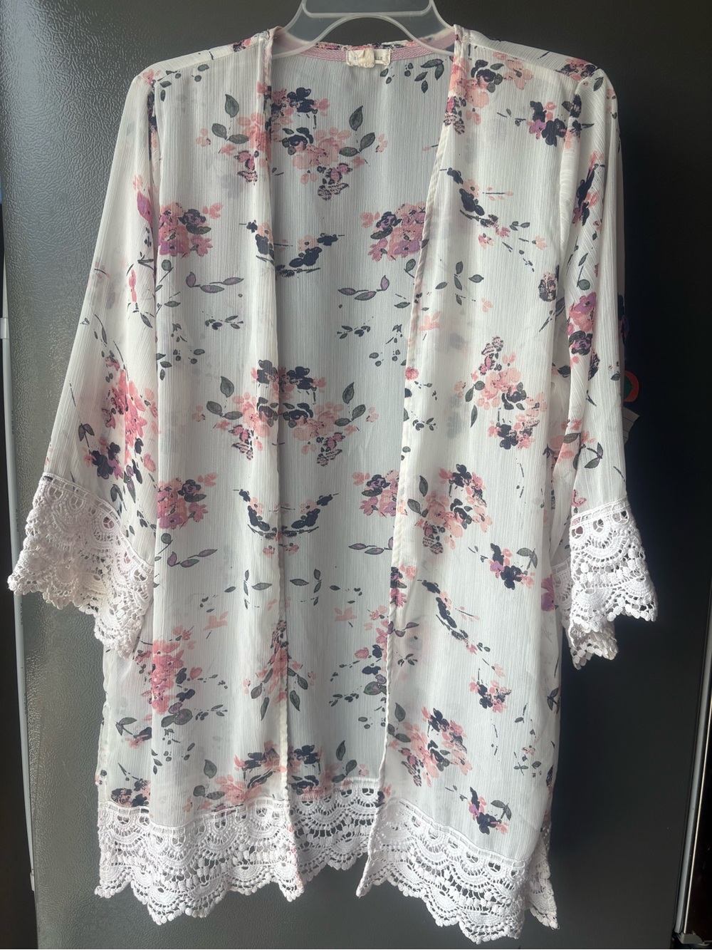 White Floral Lace-Trim Kimono cardigan - Pink Floral